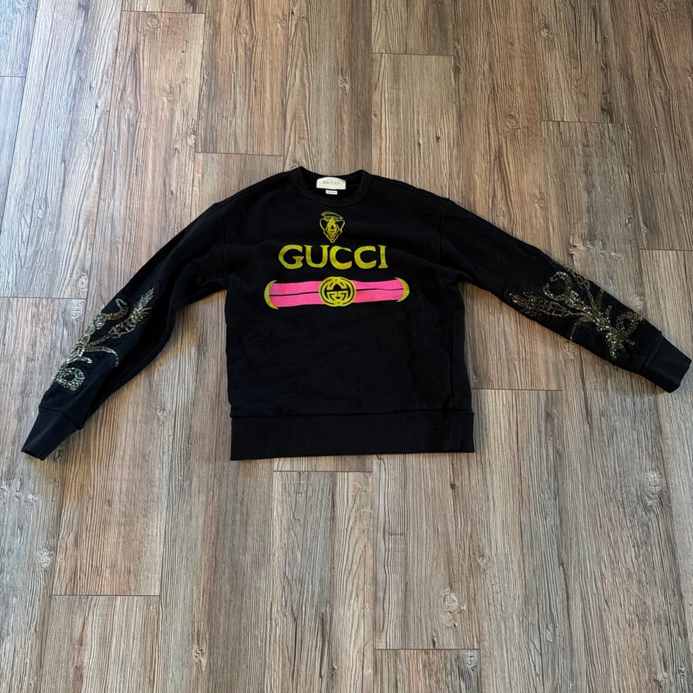 Gucci Black Crewneck Sweater with Pink and Gold Details